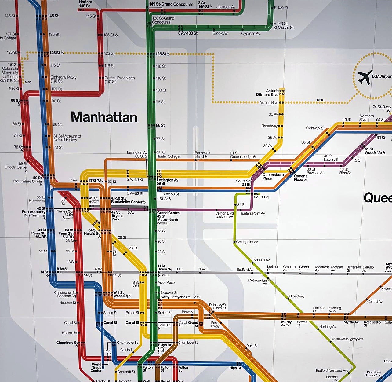 Mapa del metro de Nueva York con Manhattan, Queens y el aeropuerto de LaGuardia